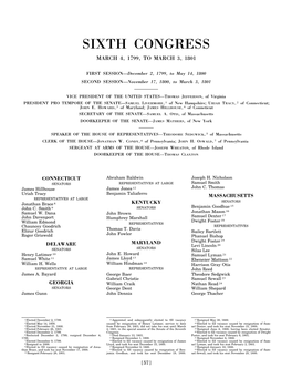 Sixth Congress March 4, 1799, to March 3, 1801