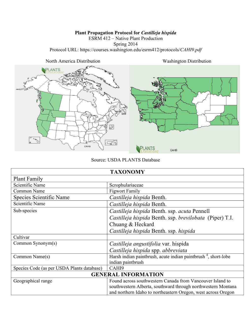 Castilleja Hispida ESRM 412 – Native Plant Production Spring 2014 Protocol URL