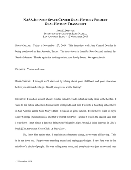 Nasa Johnson Space Center Oral History Project Oral History Transcript