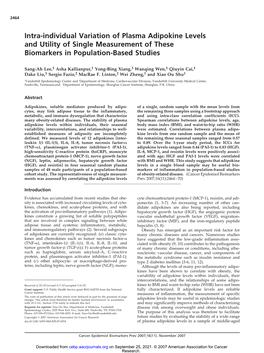 Intra-Individual Variation of Plasma Adipokine Levels and Utility of Single Measurement of These Biomarkers in Population-Based Studies