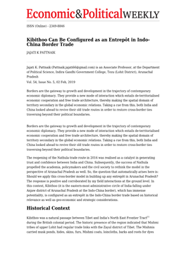 Kibithoo Can Be Configured As an Entrepôt in Indo- China Border Trade