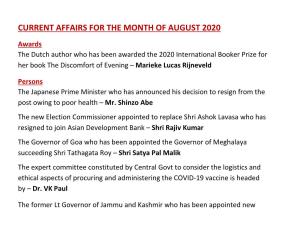 Current Affairs for the Month of August 2020