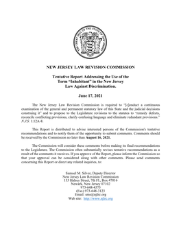 NEW JERSEY LAW REVISION COMMISSION Tentative Report Addressing the Use of the Term “Inhabitant” in the New Jersey Law Again