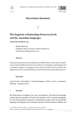 Dissertationsummary the Linguistic Relationships Between Greek and the Anatolian Languages