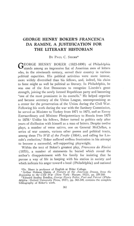 George Henry Boker's Francesca Da Ramini, a Justification for the Literary Historian