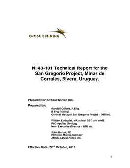 NI 43-101 Technical Report for the San Gregorio Project, Minas De Corrales, Rivera, Uruguay