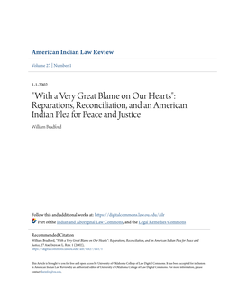 "With a Very Great Blame on Our Hearts": Reparations, Reconciliation, and an American Indian Plea for Peace and Justice William Bradford