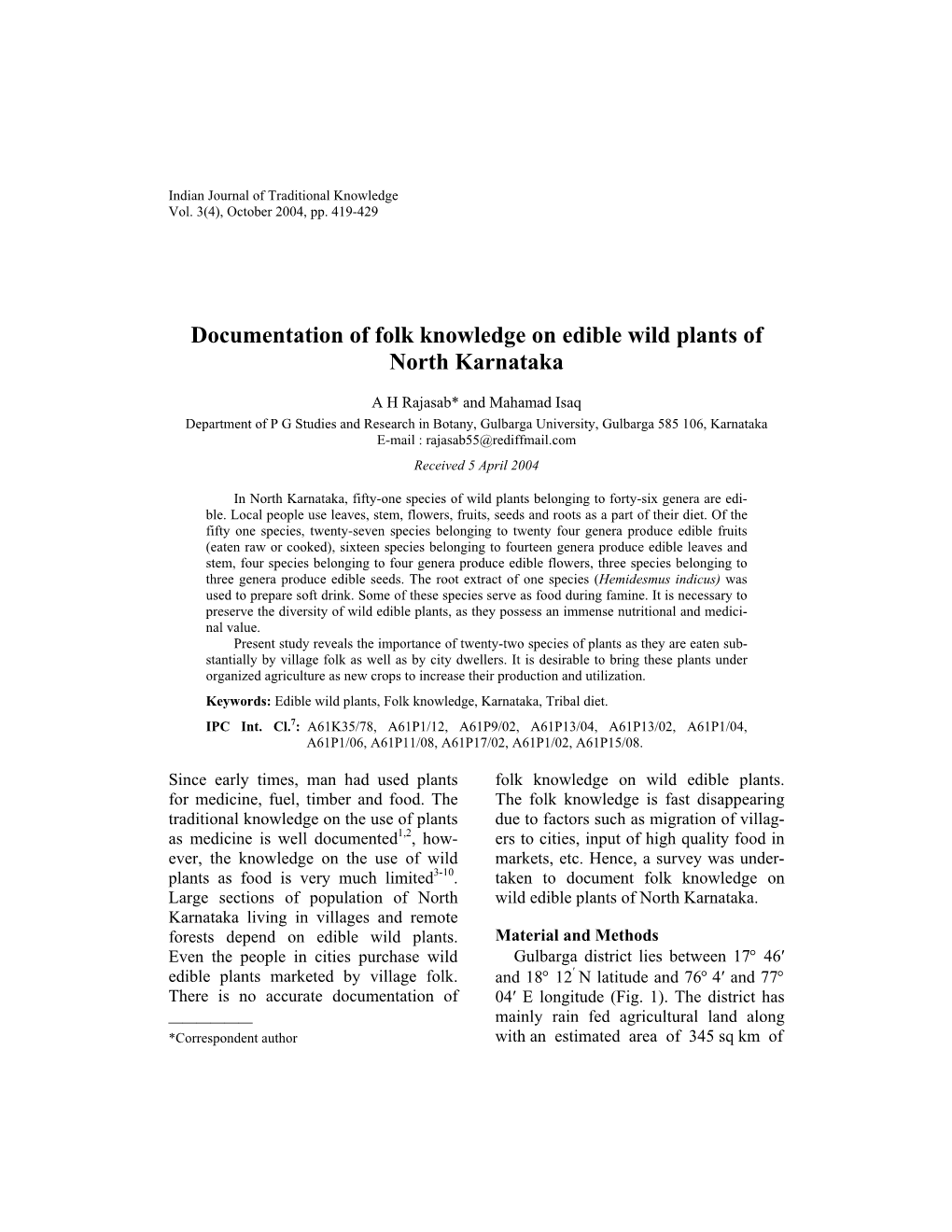 Documentation of Folk Knowledge on Edible Wild Plants of North Karnataka