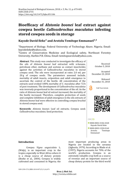 Bioefficacy of Alstonia Boonei Leaf Extract Against Cowpea Beetle Callosobrochus Maculatus Infesting Stored Cowpea Seeds in Storage