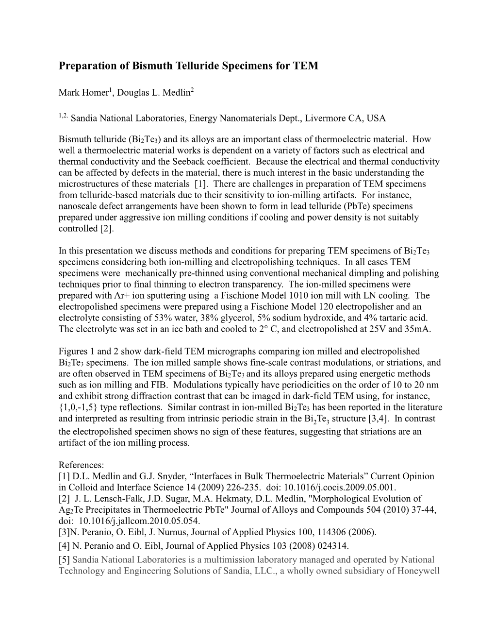 Preparation of Bismuth Telluride Specimens for TEM