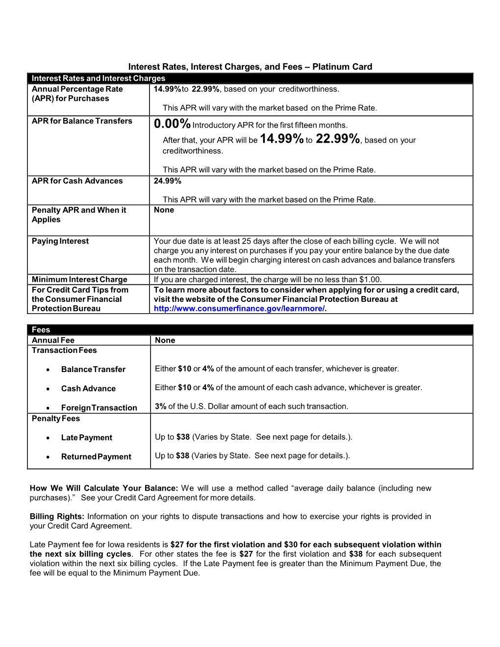 Interest Rates, Interest Charges, and Fees – Platinum Card Interest Rates and Interest Charges Annual Percentage Rate 14.99% to 22.99%, Based on Your Creditworthiness