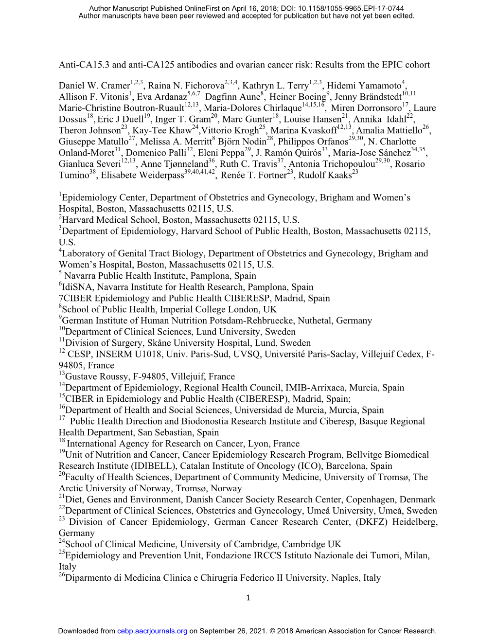 Anti-CA15.3 and Anti-CA125 Antibodies and Ovarian Cancer Risk: Results from the EPIC Cohort