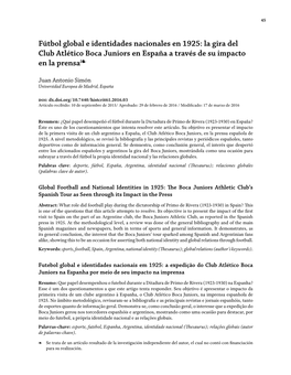 Fútbol Global E Identidades Nacionales En 1925: La Gira Del Club Atlético Boca Juniors En España a Través De Su Impacto En La Prensa❧
