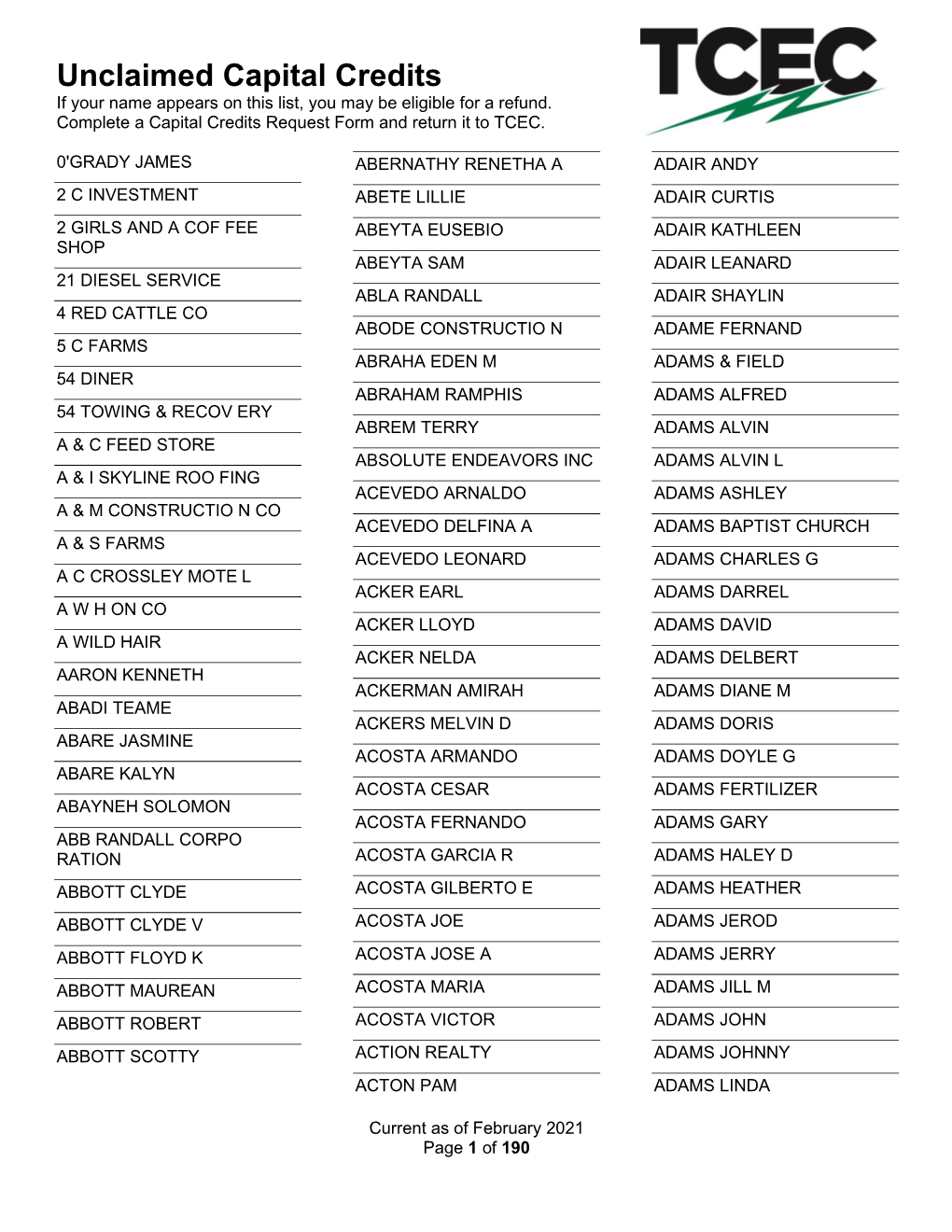 Unclaimed Capital Credits If Your Name Appears on This List, You May Be Eligible for a Refund