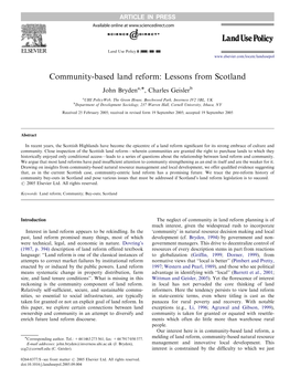 Community-Based Land Reform: Lessons from Scotland