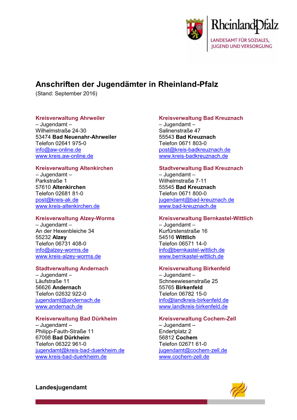 Anschriften Der Jugendämter in Rheinland-Pfalz (Stand: September 2016)