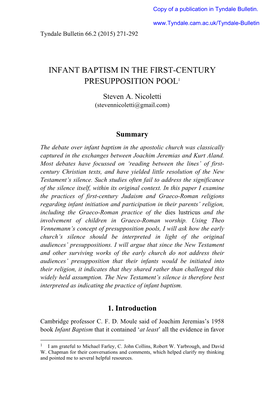 INFANT BAPTISM in the FIRST-CENTURY PRESUPPOSITION POOL1 Steven A