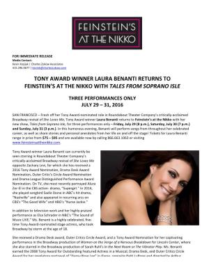 Tony Award Winner Laura Benanti Returns to Feinstein’S at the Nikko with Tales from Soprano Isle