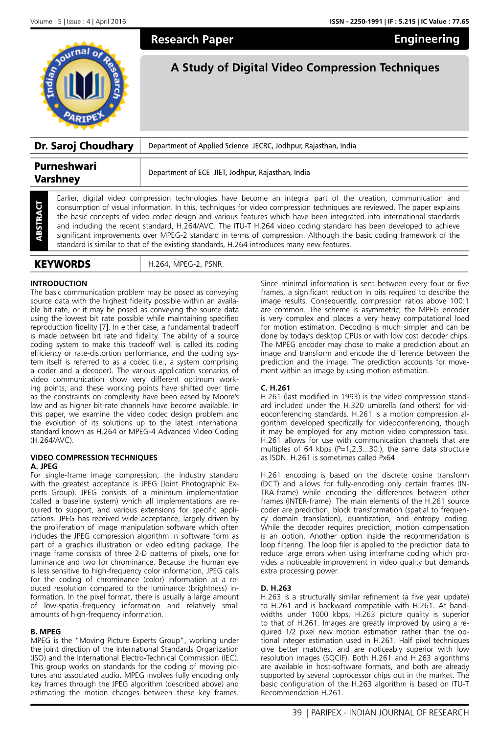 Research Paper a Study of Digital Video Compression Techniques