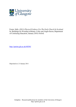 (2011) Physical Evidence for the Early Church in Scotland. In
