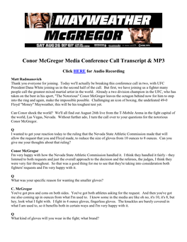 Conor Mcgregor Media Conference Call Transcript &