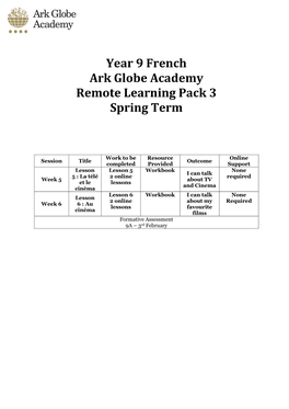 Year 9 French Ark Globe Academy Remote Learning Pack 3 Spring Term