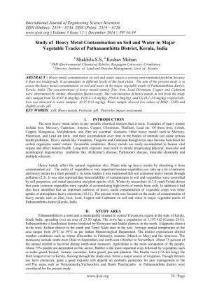 Study of Heavy Metal Contamination on Soil and Water in Major Vegetable Tracks of Pathanamthitta District, Kerala, India