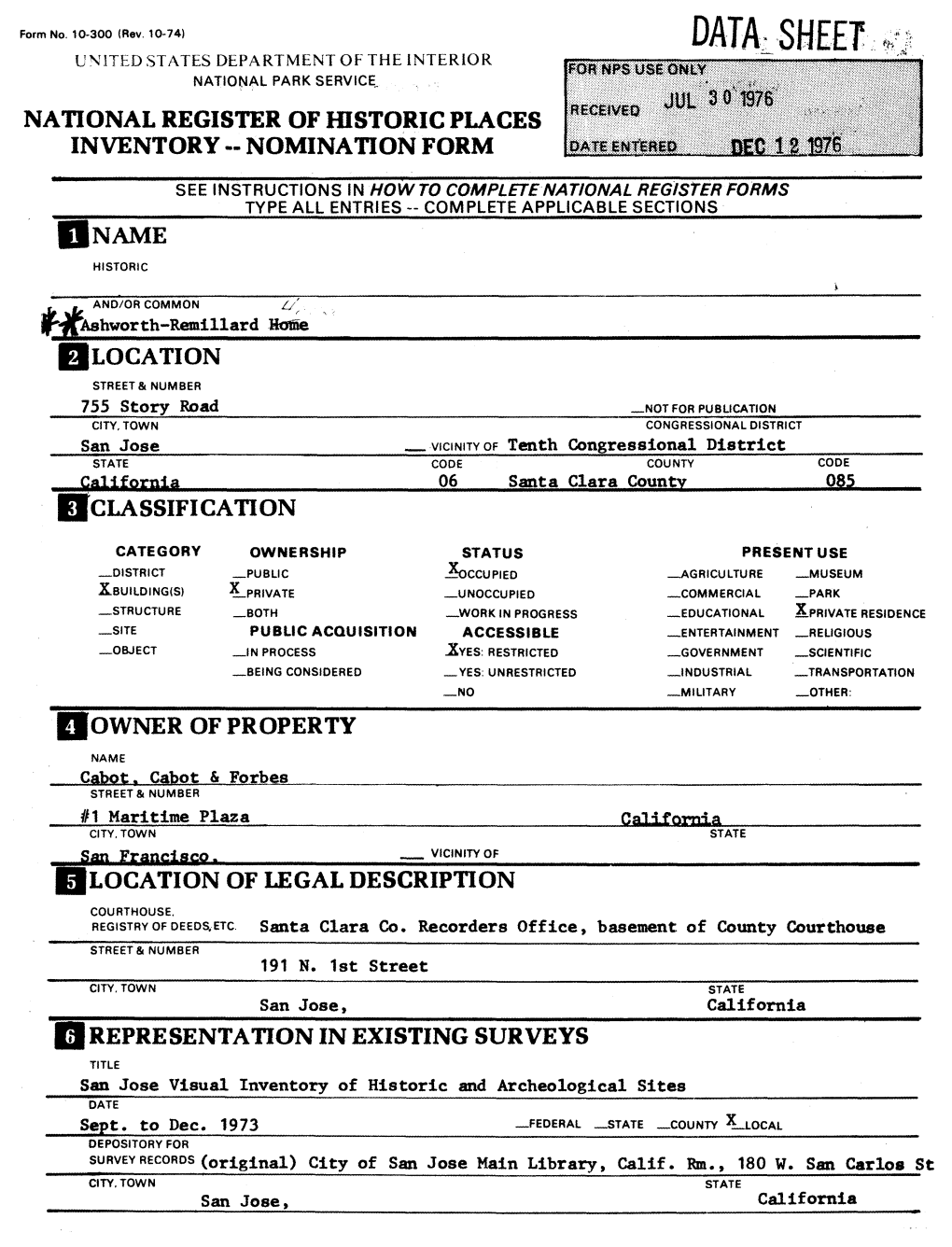 DATA SHEET UNITED STATES DEPARTMENT of the INTERIOR NATIONAL PARK SERVICE NATIONAL REGISTER of HISTORIC PLACES Iiilllll INVENTORY - NOMINATION FORM