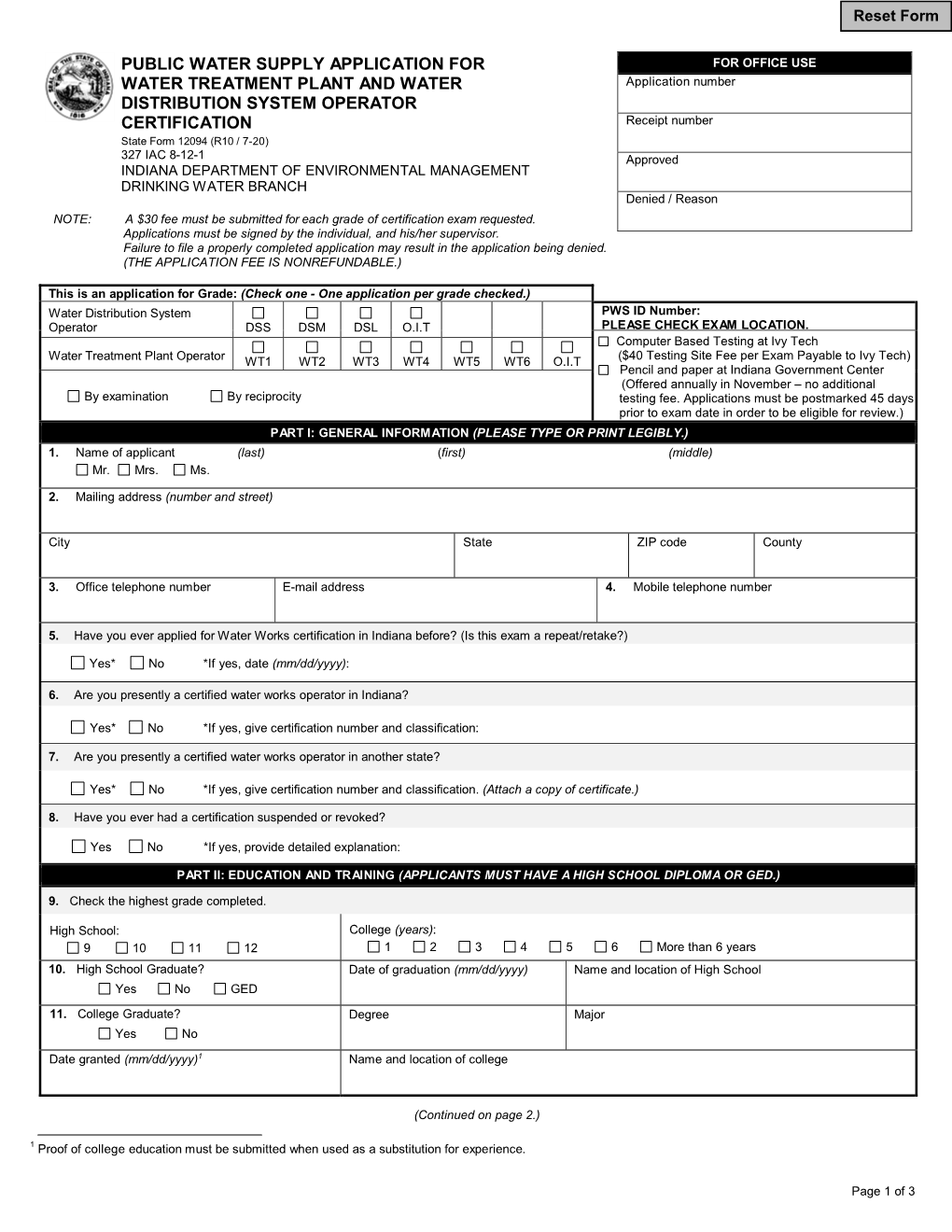 Public Water Supply Application for Water