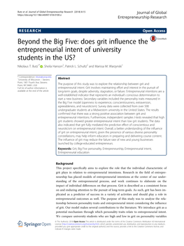 Beyond the Big Five: Does Grit Influence the Entrepreneurial Intent of University Students in the US? Nikolaus T