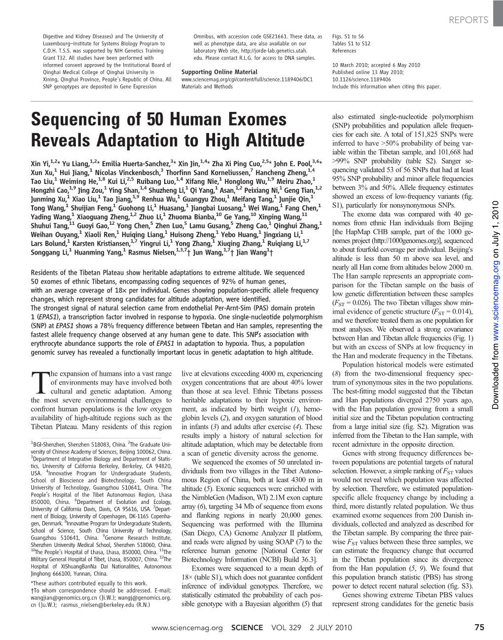 Sequencing of 50 Human Exomes Reveals Adaptation to High Altitude