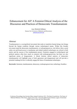 Enhancement for All? a Feminist Ethical Analysis of the Discourses and Practices of Democratic Transhumanism