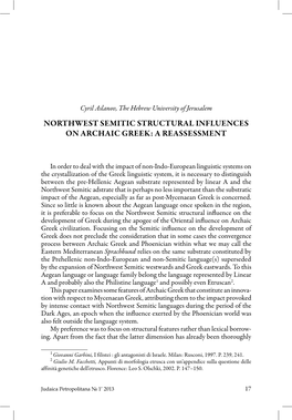 Northwest Semitic Structural Influences on Archaic Greek: a Reassessment