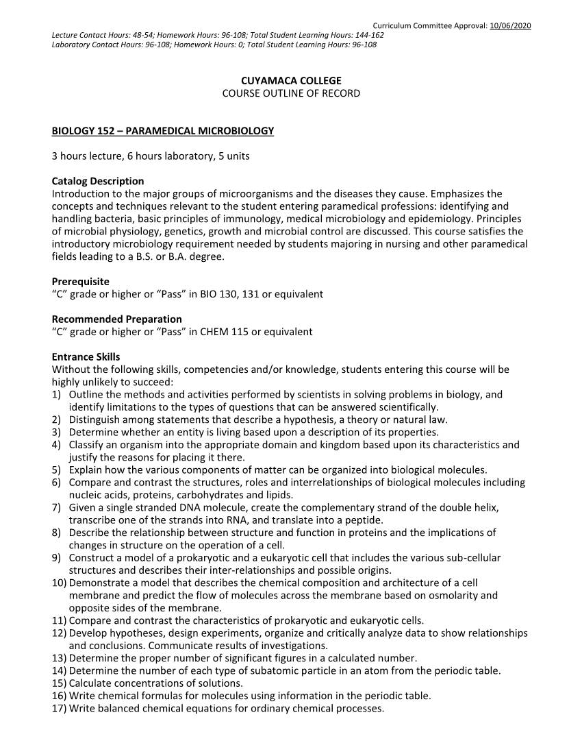 Cuyamaca College Course Outline of Record Biology