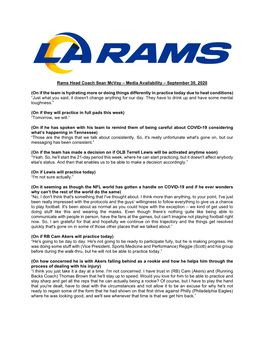 Rams Head Coach Sean Mcvay – Media Availability – September 30, 2020