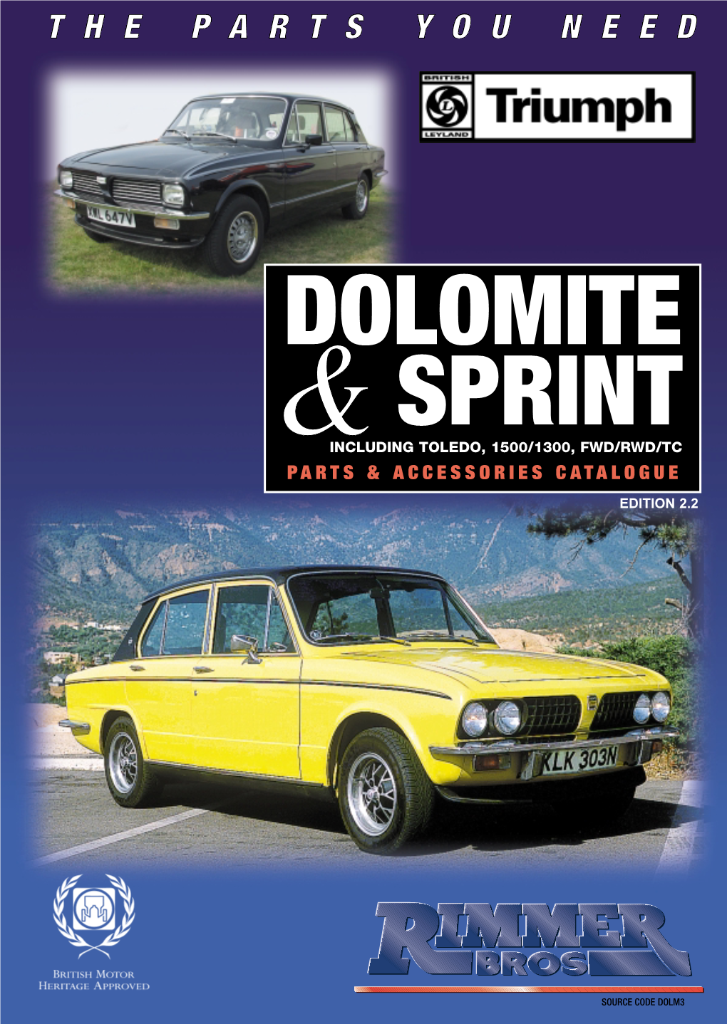 Dolomite Sprint Including Toledo, 1500/1300, Fwd/Rwd/Tc Parts & Accessories Catalogue