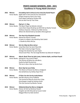 PRINTZ AWARD WINNERS, 2000 - 2021 Excellence in Young Adult Literature