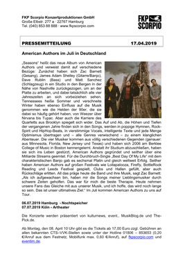 PRESSEMITTEILUNG 17.04.2019 American Authors Im Juli In