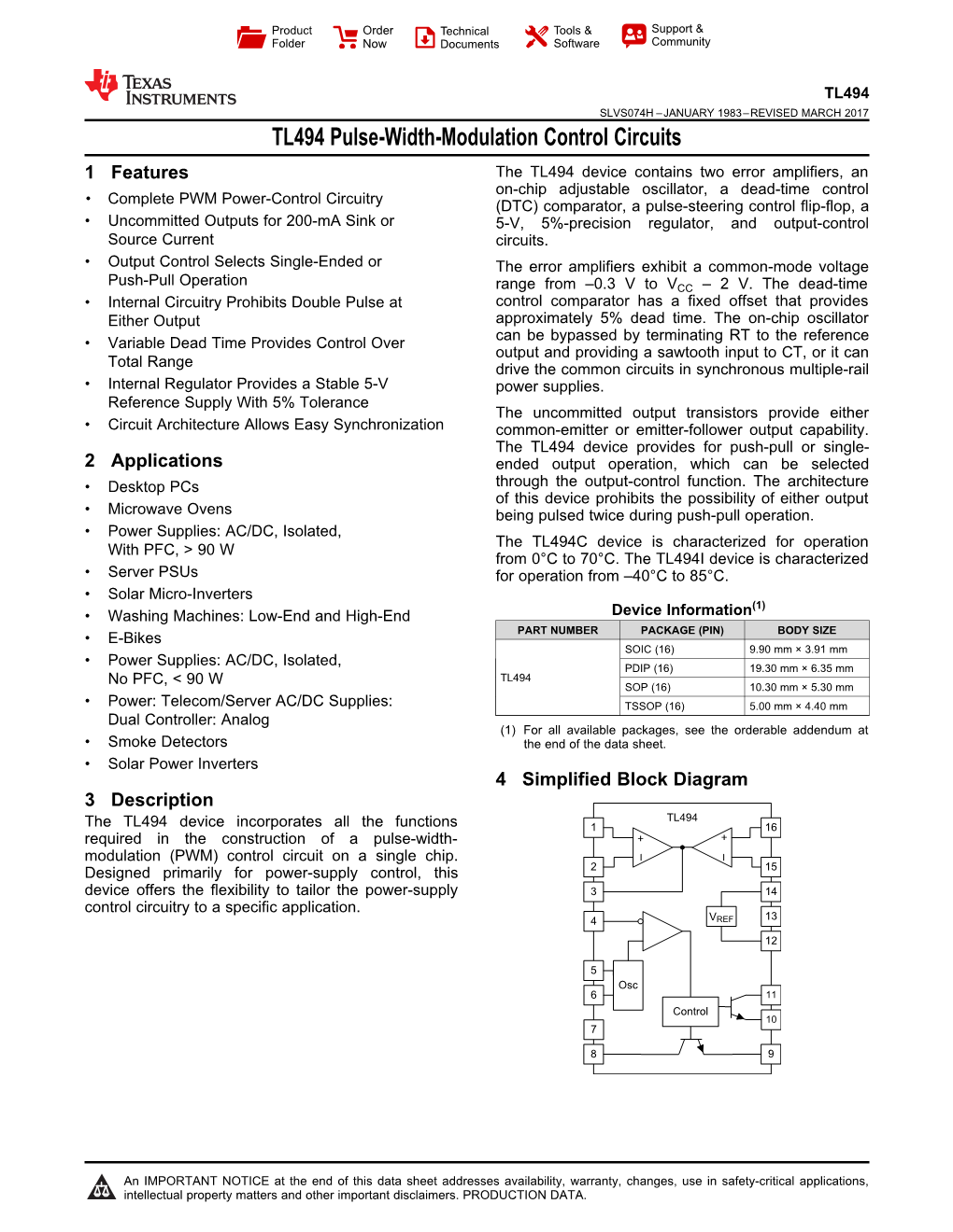 TL494 Pulse-Width-Modulation Control Circuits Datasheet (Rev. H) - DocsLib