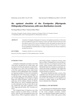 An Updated Checklist of the Centipedes (Myriapoda Chilopoda) of Cameroon, with New Distribution Records