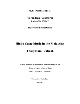 Hindu Caste Music in the Malaysian Thaipusam Festival