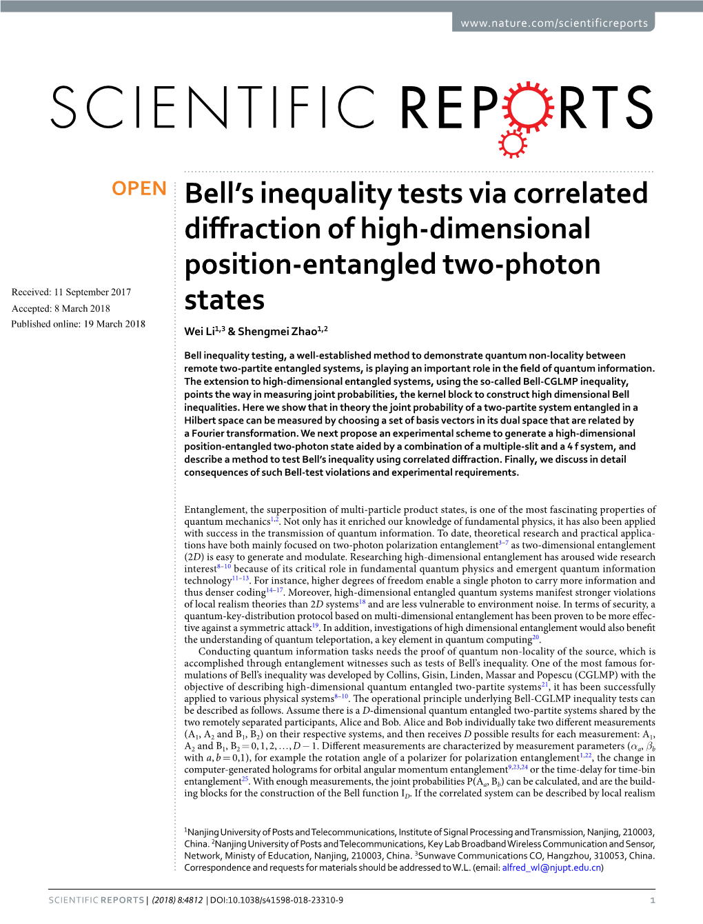 Bell's Inequality Tests Via Correlated Diffraction of High-Dimensional