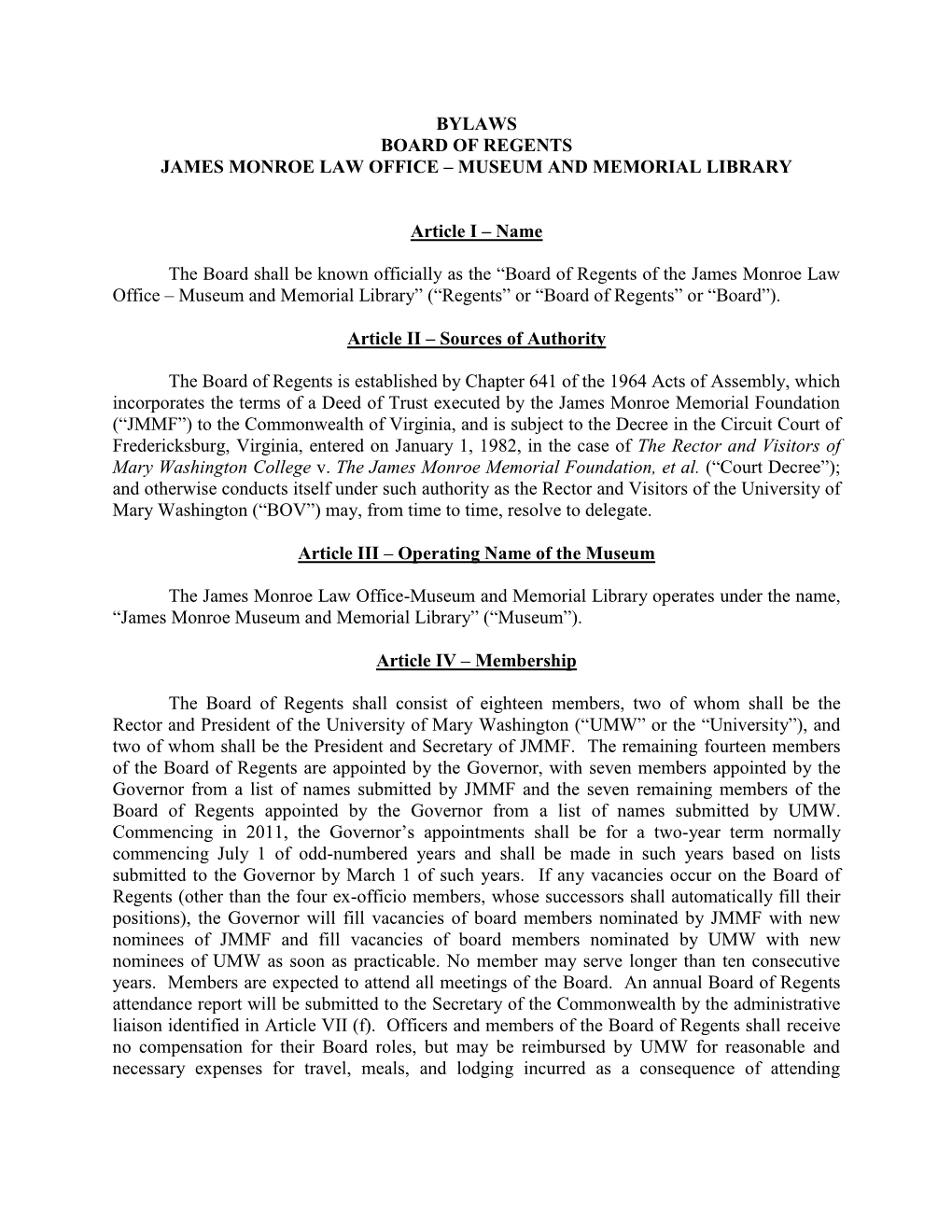 Bylaws Board of Regents James Monroe Law Office – Museum and Memorial Library