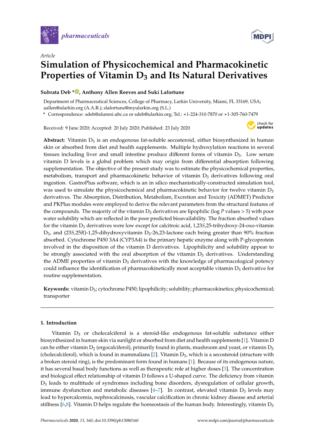 Simulation of Physicochemical and Pharmacokinetic Properties of Vitamin D3 and Its Natural Derivatives