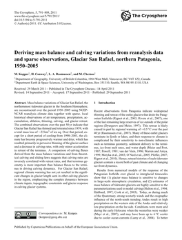 Deriving Mass Balance and Calving Variations from Reanalysis Data and Sparse Observations, Glaciar San Rafael, Northern Patagonia, 1950–2005