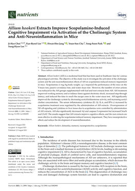 Allium Hookeri Extracts Improve Scopolamine-Induced Cognitive Impairment Via Activation of the Cholinergic System and Anti-Neuroinﬂammation in Mice