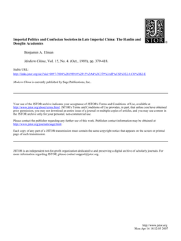 Imperial Politics and Confucian Societies in Late Imperial China: the Hanlin and Donglin Academies Benjamin A. Elman Modern Chin