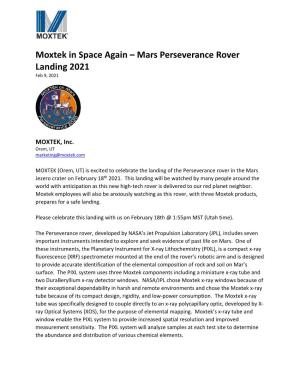 Moxtek in Space Again – Mars Perseverance Rover Landing 2021 Feb 9, 2021