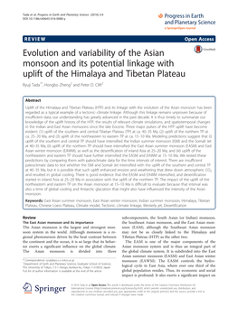 Evolution and Variability of the Asian Monsoon and Its Potential Linkage with Uplift of the Himalaya and Tibetan Plateau Ryuji Tada1*, Hongbo Zheng2 and Peter D