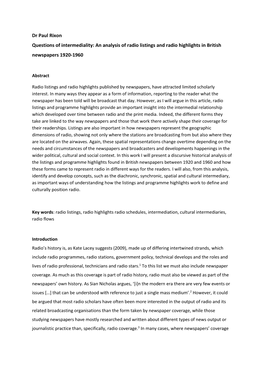 An Analysis of Radio Listings and Radio Highlights in British Newspapers 1920-1960